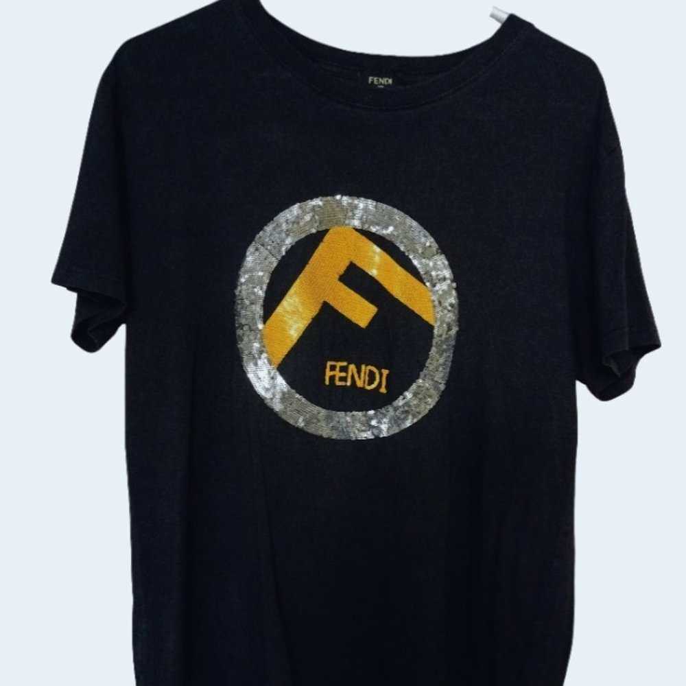 Fendi Black T-Shirt with Gold and Silver Logo